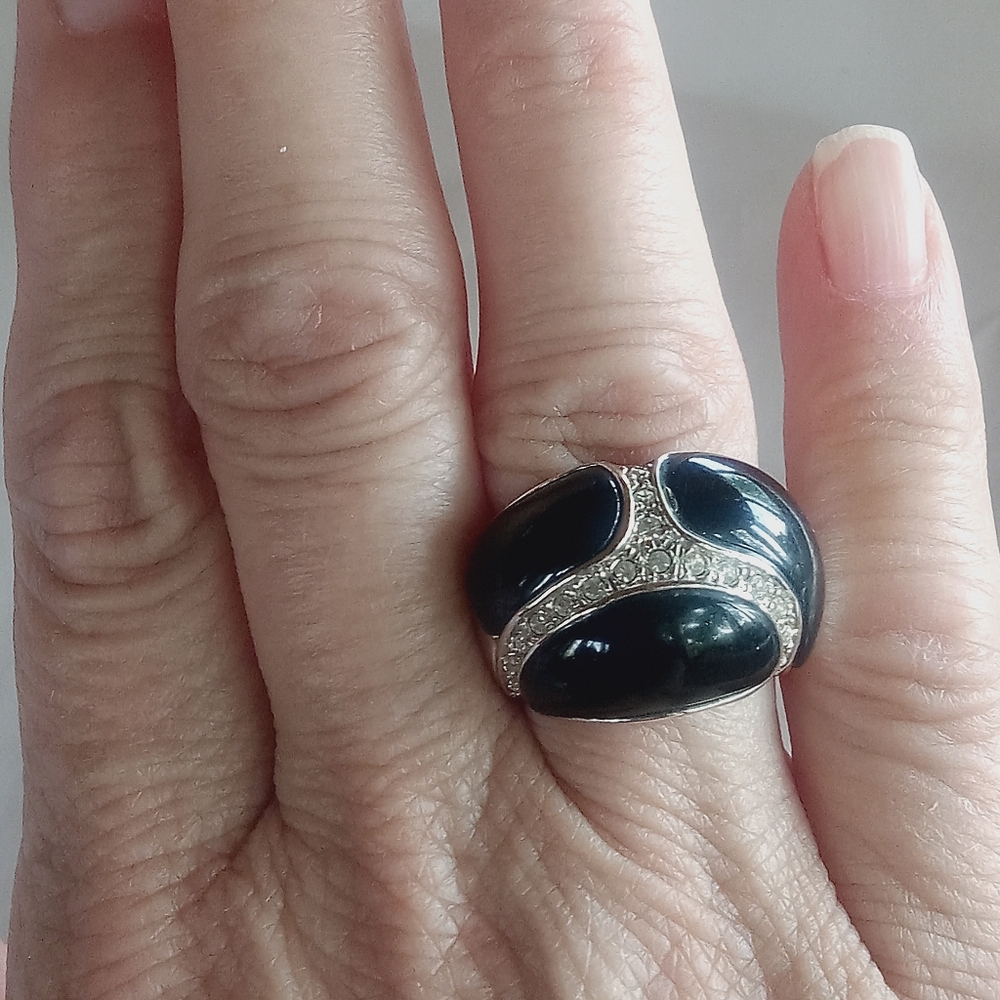 Cocktail Ring Size 7.25 Silver Plated CZ & Enamel Ring Stunning By CAPACCI NWOT